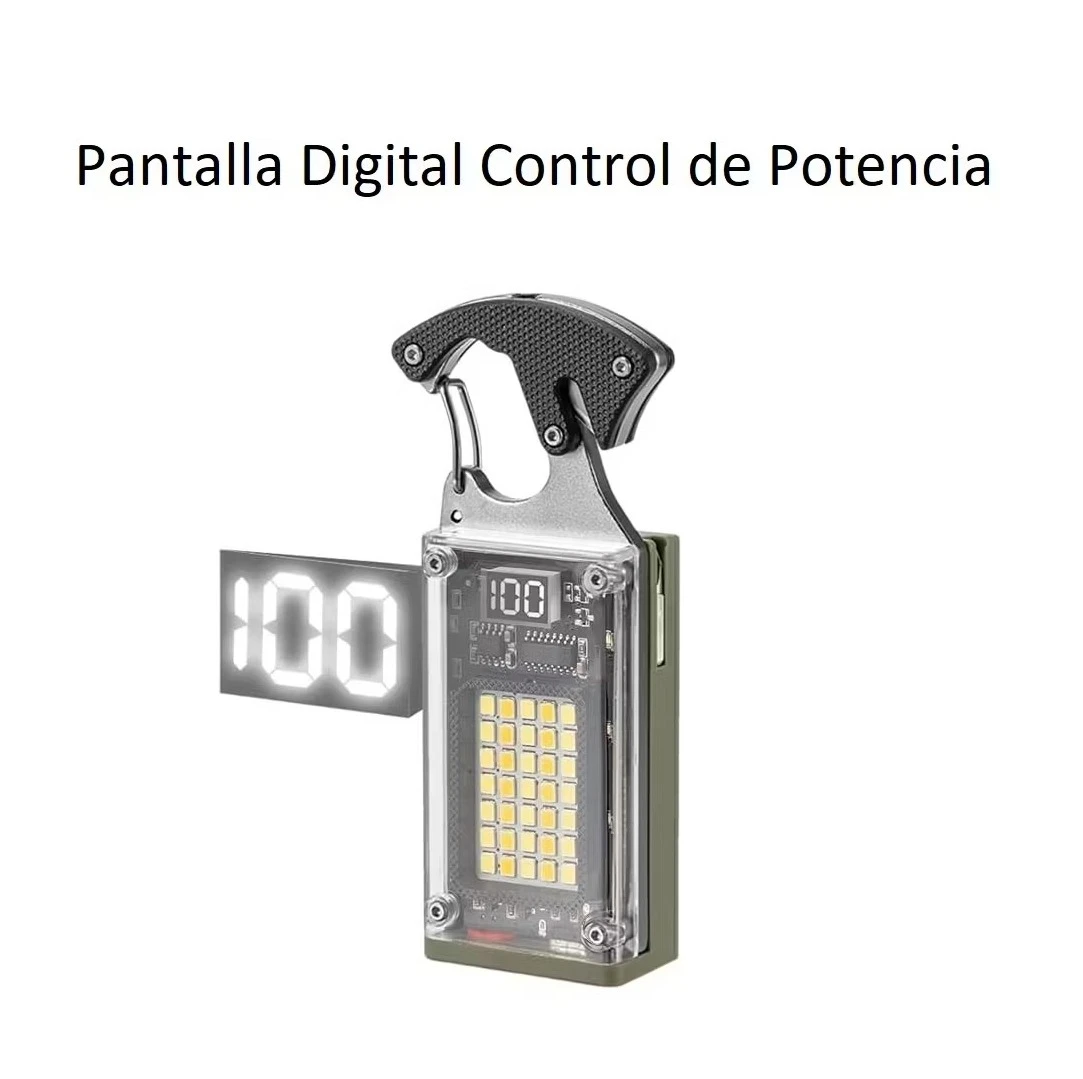 Linterna LED para exteriores W5181 con pantalla digital de 100% de potencia y mosquetón.
