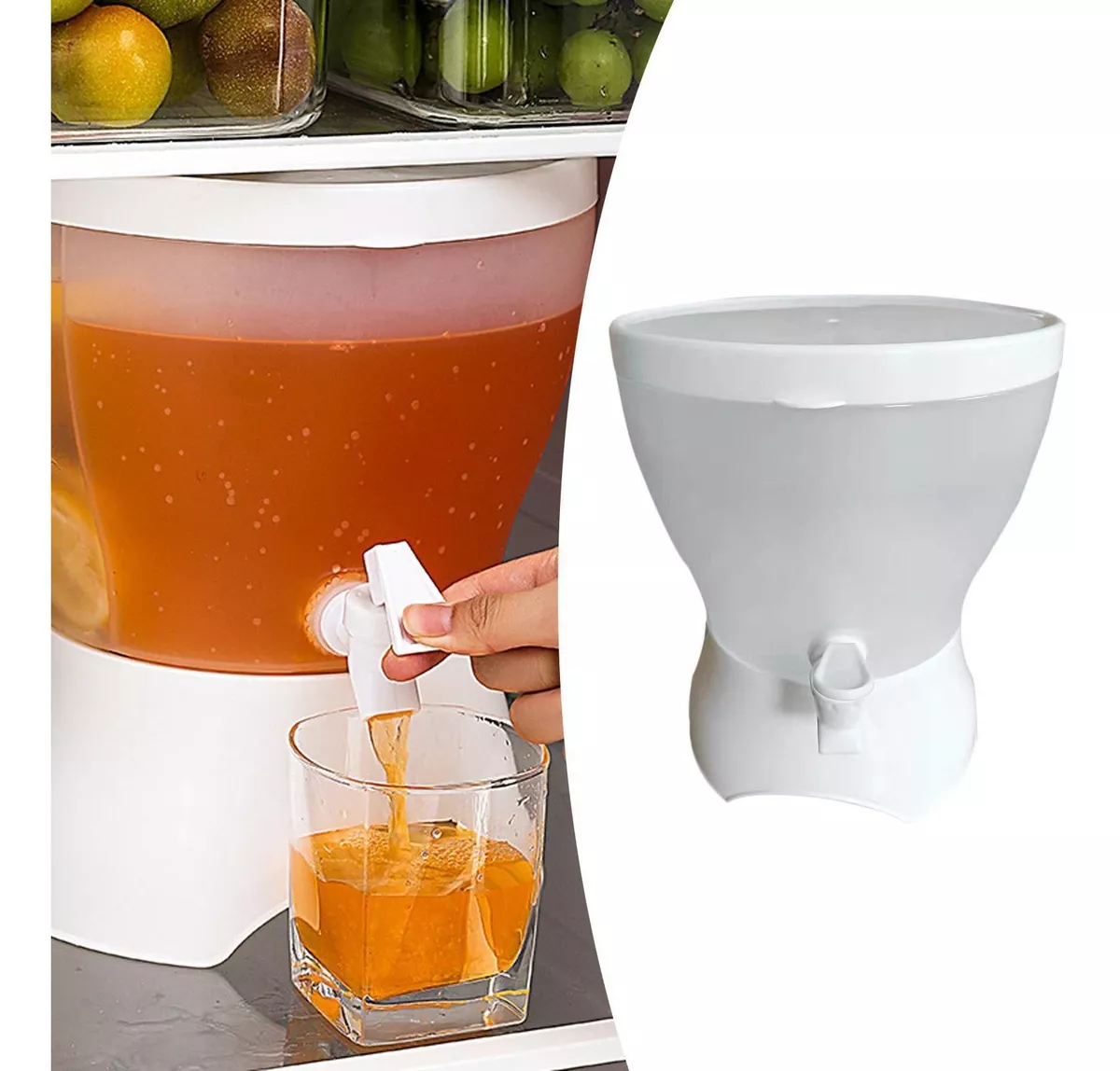 Dispensador de bebidas blanco transparente vertiendo jugo en vaso, ideal para refrigerador.