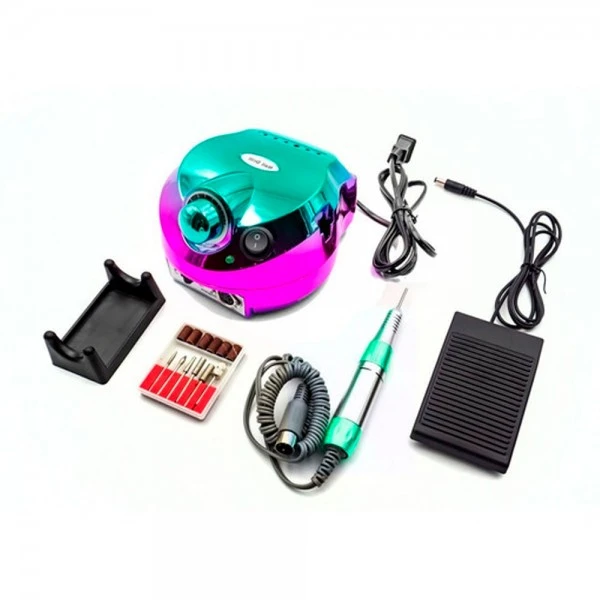 Pulidor de uñas profesional DM202 en degradado verde y fucsia con base, pieza de mano, pedal, cable de poder y set de puntas intercambiables.