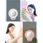 Mini aro de luz selfie rosa con espejo, ideal para fotos con celular.