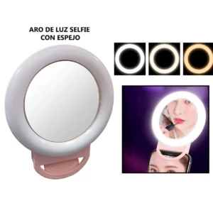 Mini aro de luz selfie blanco con espejo y clip rosa, ideal para teléfonos.