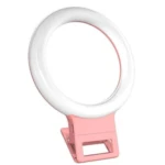 Mini aro de luz LED rosa para selfies, con clip, portátil y ajustable para grabar videos.