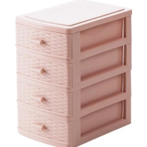 Mini joyero organizador de 4 niveles, color rosa palo con textura tejida en los frentes de los cajones.