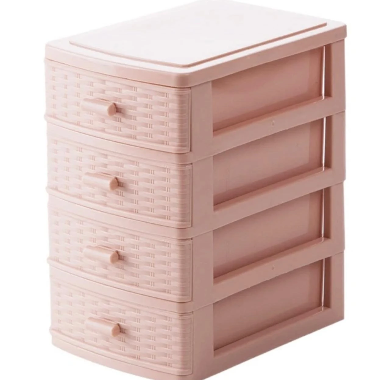 Mini joyero organizador de 4 niveles, color rosa palo con textura tejida en los frentes de los cajones.