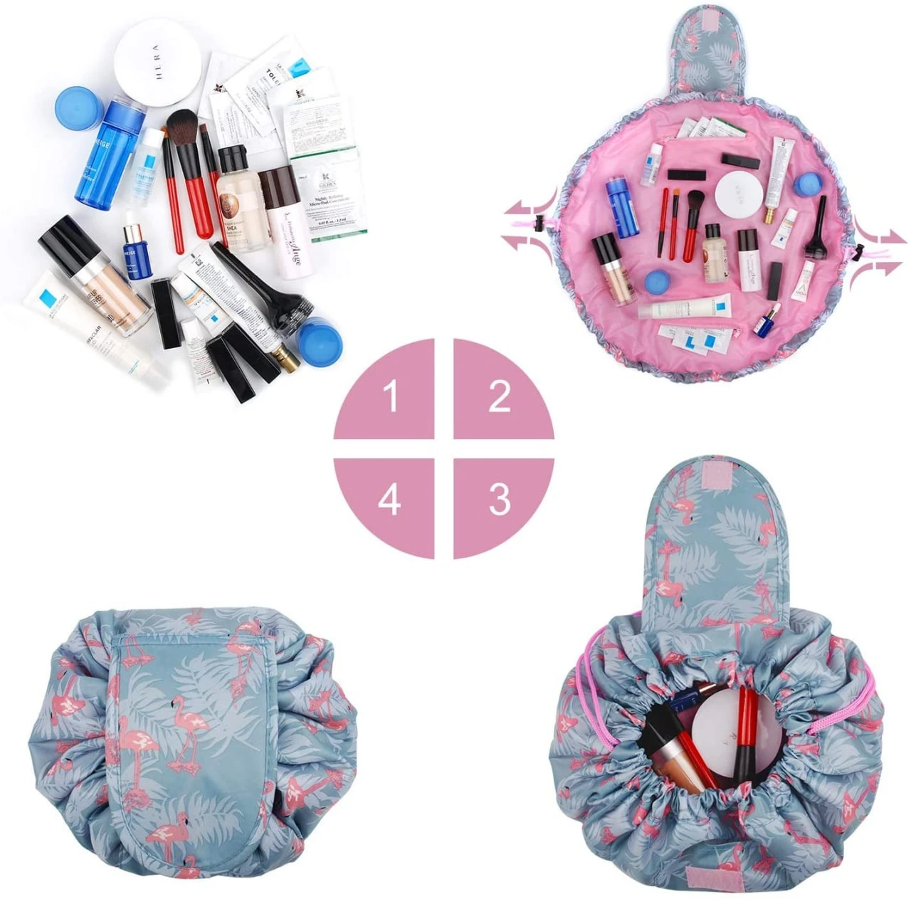 Organizador de maquillaje con estampado de flamencos, abierto y cerrado, mostrando varios productos cosméticos.