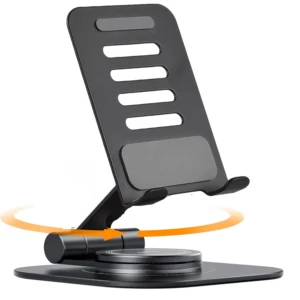 Soporte ajustable para celular o tableta en metal negro, con base giratoria 360° y almohadillas antideslizantes.
