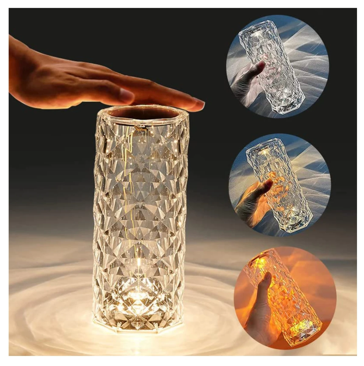 Lámpara LED táctil de cristal facetado proyectando luz cálida y mostrada con mano activando el sensor superior y en dos tonos diferentes.