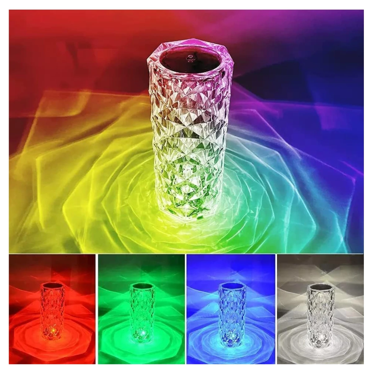 Lámpara de mesa LED táctil cristal facetado color RGB proyectando luz de rosas. Muestra colores cambiantes: arcoíris, rojo, verde, azul y blanco.