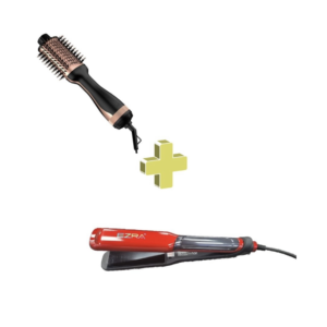 Set de cuidado capilar que incluye un cepillo secador redondo negro con detalles en cobre y una plancha alisadora roja marca Ezra, separados por un signo más.