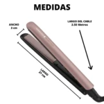 Plancha alisadora Remington Keratin Therapy color rosa metalizado con 27 cm de largo, 3 cm de ancho y cable de 2.50 metros indicado en infografía.