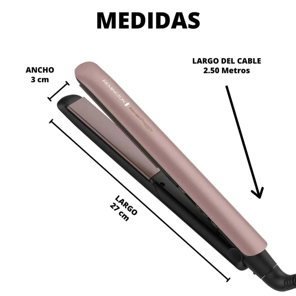 Plancha alisadora Remington Keratin Therapy color rosa metalizado con 27 cm de largo, 3 cm de ancho y cable de 2.50 metros indicado en infografía.