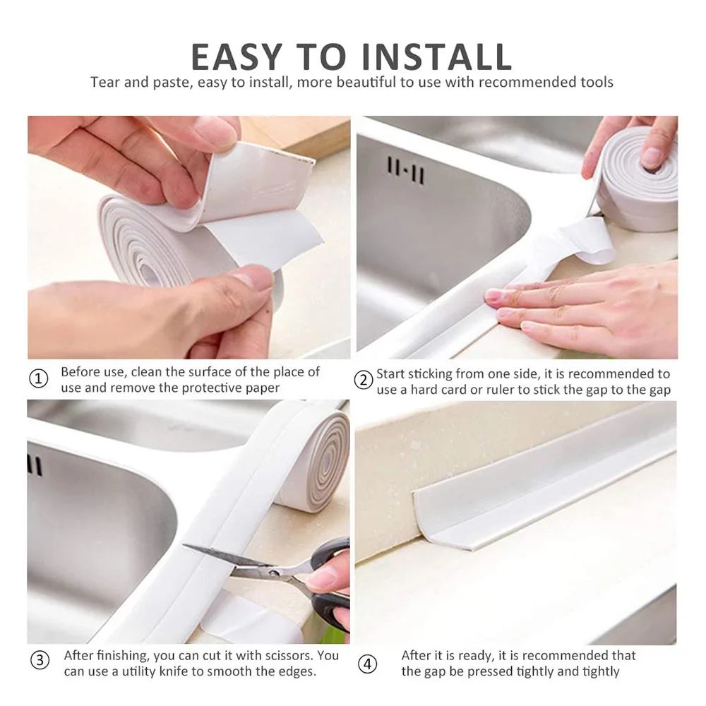 Guía de instalación de cinta de sellado impermeable blanca para juntas de cocina y baño, mostrando los cuatro pasos clave.