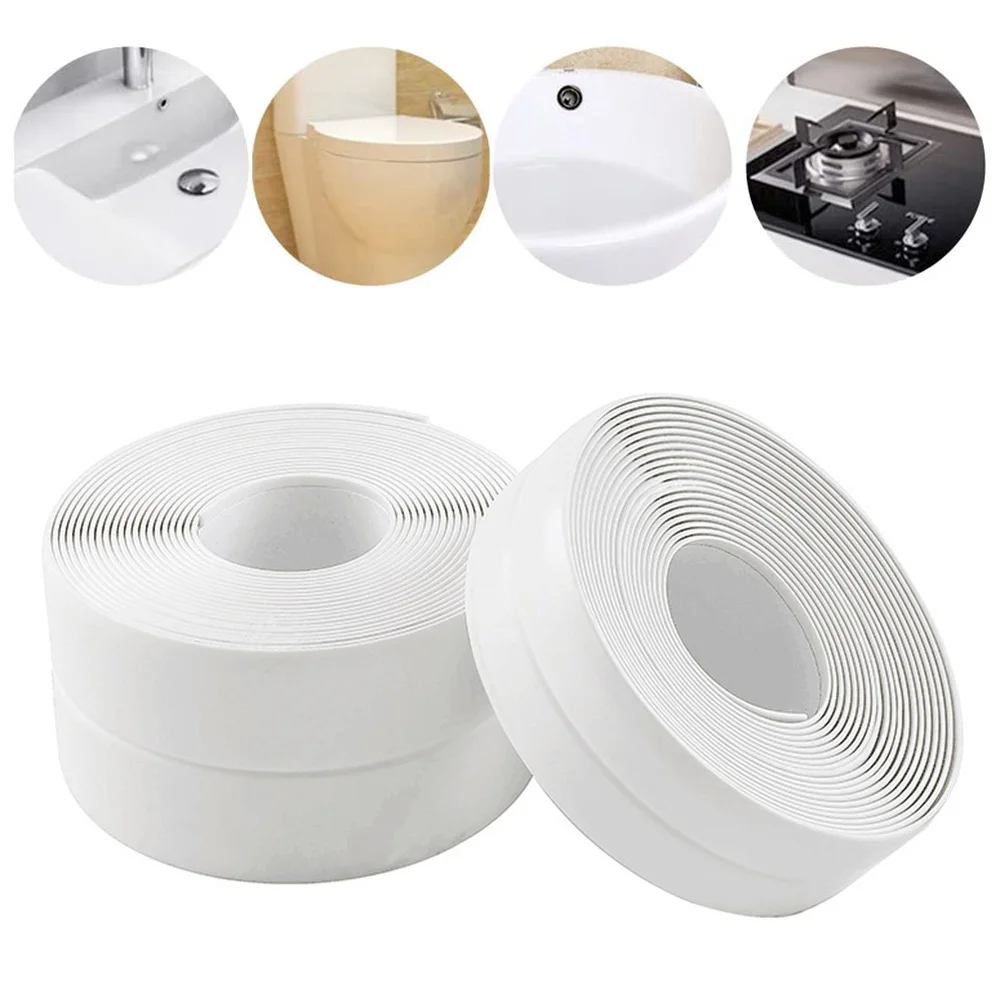 Dos rollos grandes de cinta de sellado blanca impermeable con borde preformado, ideal para baño y cocina.