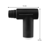 Pistola masajeador muscular eléctrica, color negro mate, dimensiones de 13 cm de ancho por 13 cm de alto.