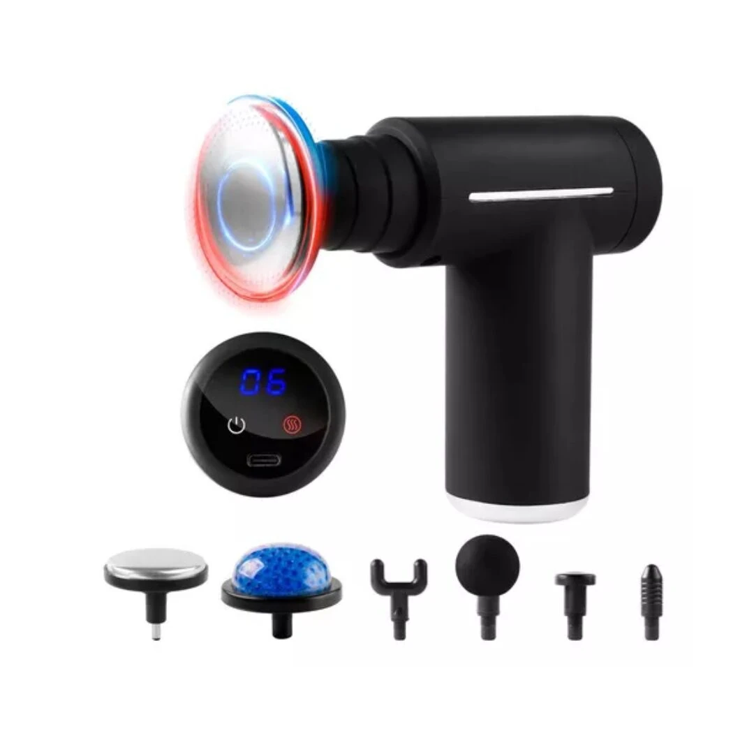 Pistola masajeador muscular negra con pantalla digital "06", luz LED roja/azul y seis cabezales, incluyendo uno de gel azul.