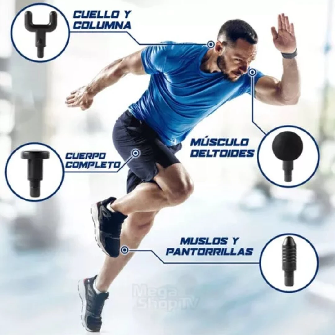 Masajeador muscular con 4 cabezales: horquilla para cuello, plano para cuerpo, bola para deltoides y bala para muslos y pantorrillas. Deportista en carrera.