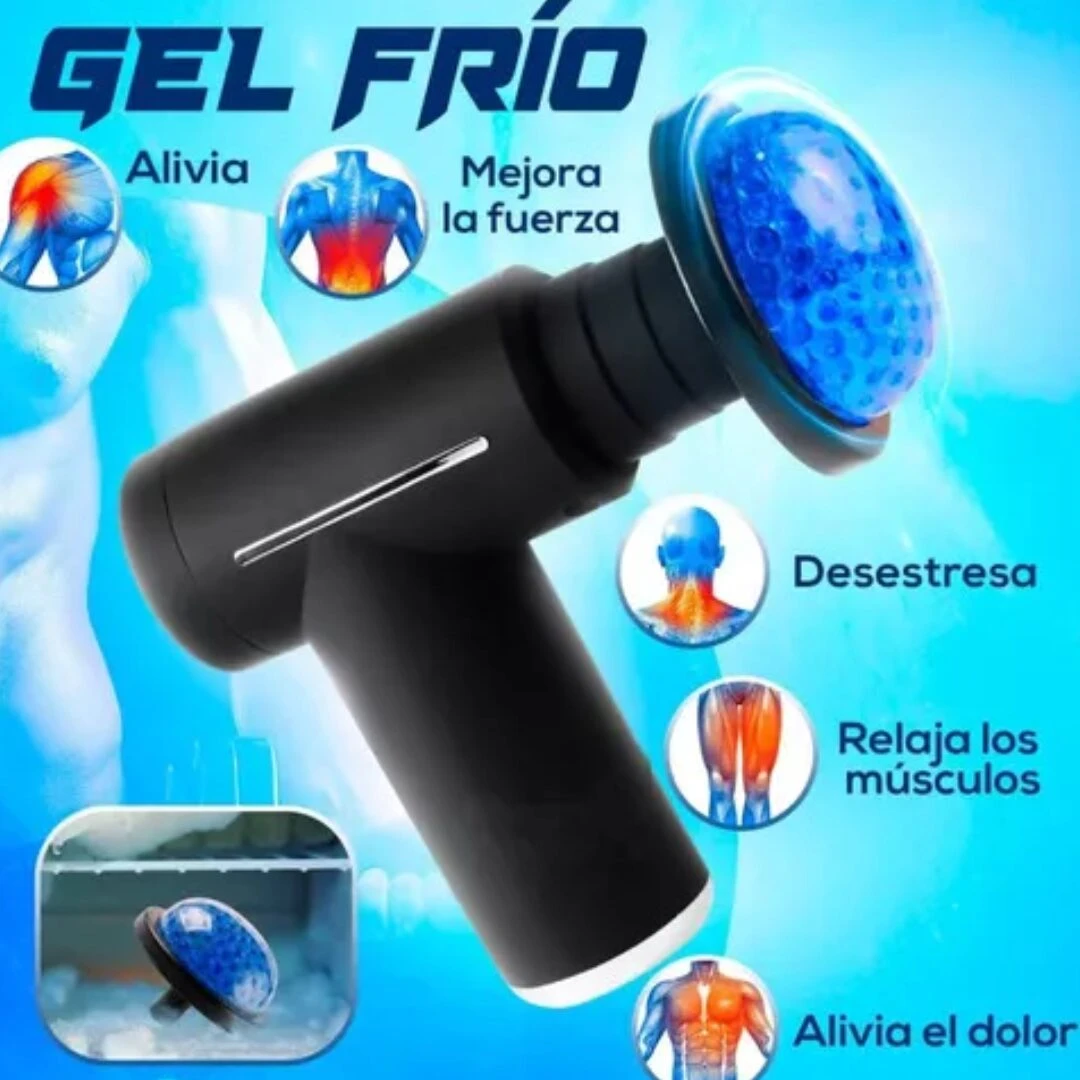 Pistola masajeador eléctrico negro con cabezal de gel frío azul para aliviar dolor, relajar músculos y desestresar.