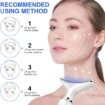 Masajeador facial blanco en forma de V para contorno de mandíbula y cuello, con instrucciones de uso.