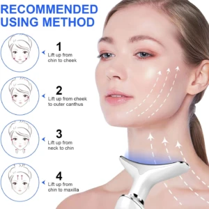 Masajeador facial blanco en forma de V para contorno de mandíbula y cuello, con instrucciones de uso.