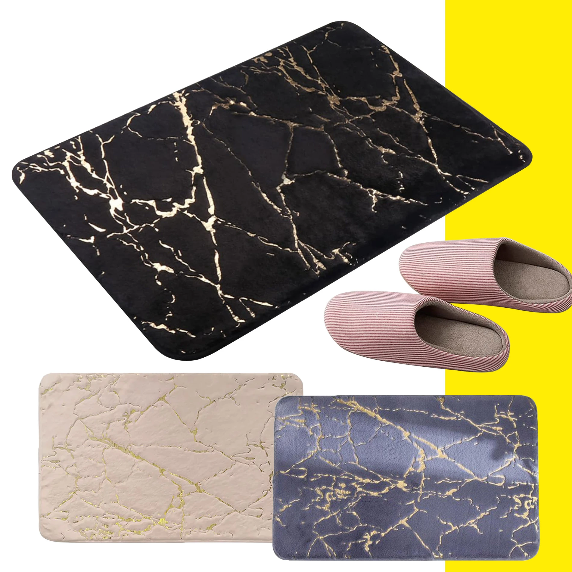Tapete de baño afelpado negro con veteado dorado tipo mármol, y par de pantuflas rosas.