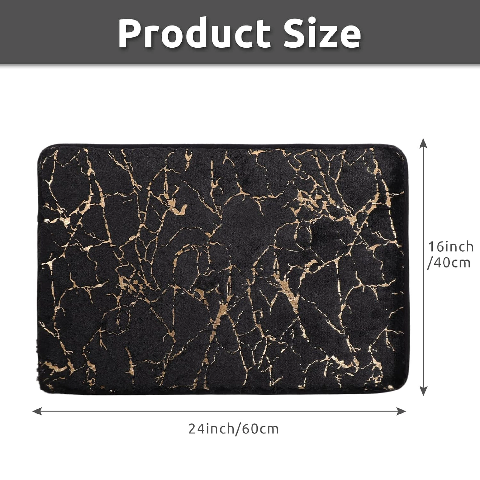 Tapete de baño afelpado negro con diseño de mármol dorado, medidas 60x40cm.