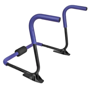 Máquina abdominal portátil con estructura negra y agarres curvos acolchados en color azul oscuro para ejercicios de suelo.