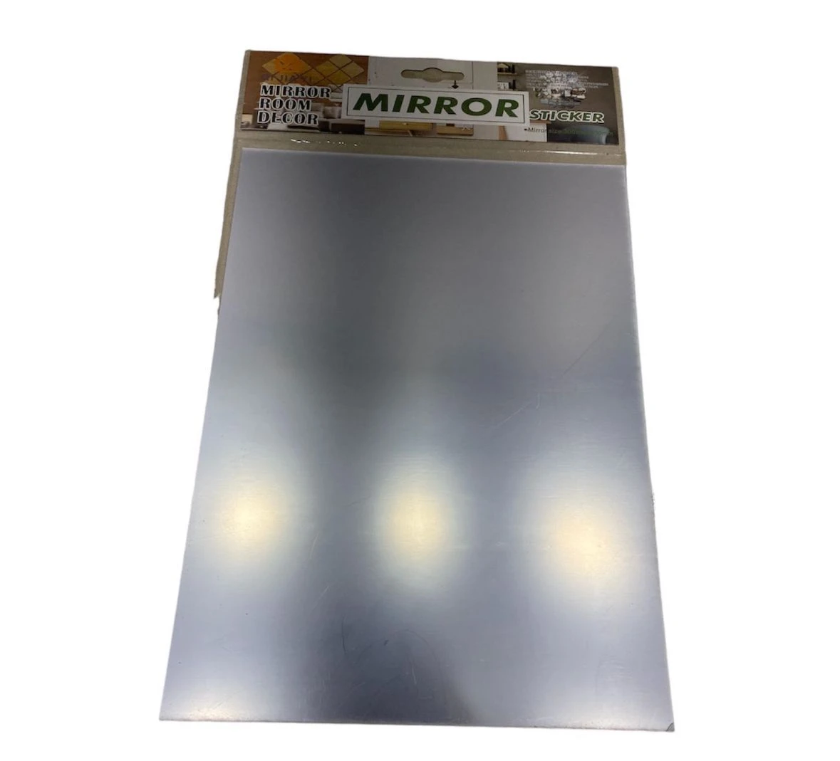 Hoja adhesiva de espejo flexible plateado para decoración de cuartos, empaque con etiqueta "MIRROR STICKER".