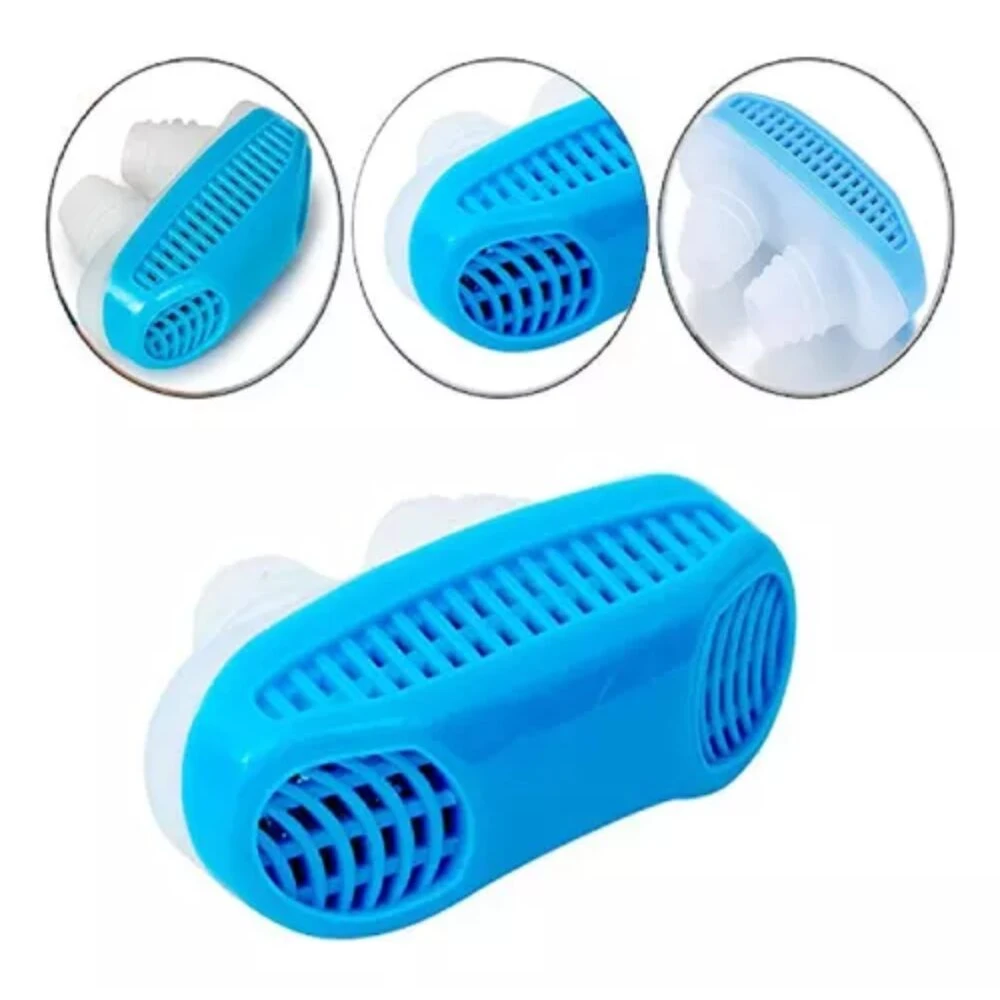 Dispositivo antirronquidos 2 en 1 azul y blanco para mejorar la respiración.