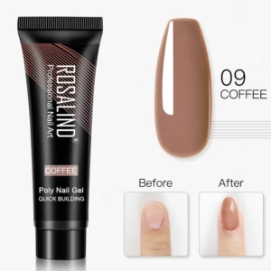 Tubo de polygel Rosalind color 09 Coffee para construcción rápida de uñas, incluye muestra del tono marrón sólido y comparativa de uña antes y después.