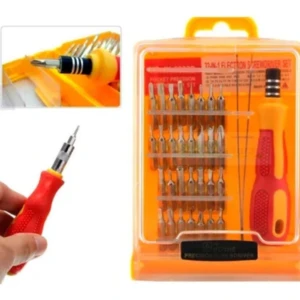 Juego de destornilladores de precisión 32 en 1 con mango rojo y naranja y 32 puntas intercambiables.