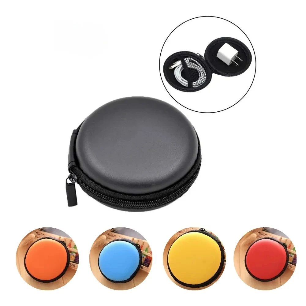 Estuche redondo protector para audífonos y cargador, color negro. Incluye variantes naranja, azul, amarillo y rojo.