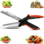 Tijera cortador de verduras 6 en 1 con cuchilla dentada y mango ergonómico naranja.