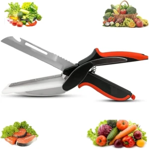 Tijera cortador de verduras 6 en 1 con cuchilla dentada y mango ergonómico naranja.