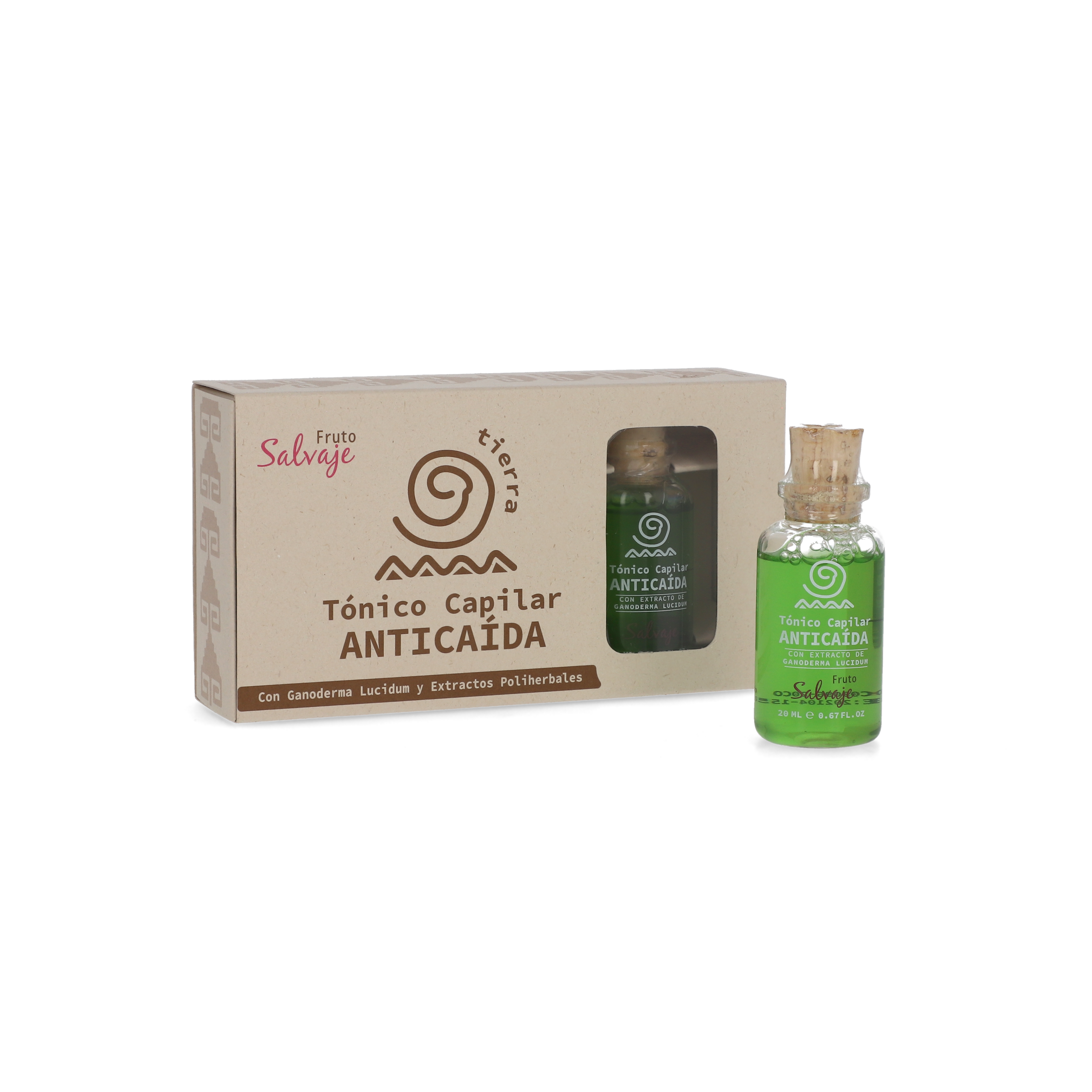 Tónico capilar anticaída Fruto Salvaje en botella verde con caja de cartón.