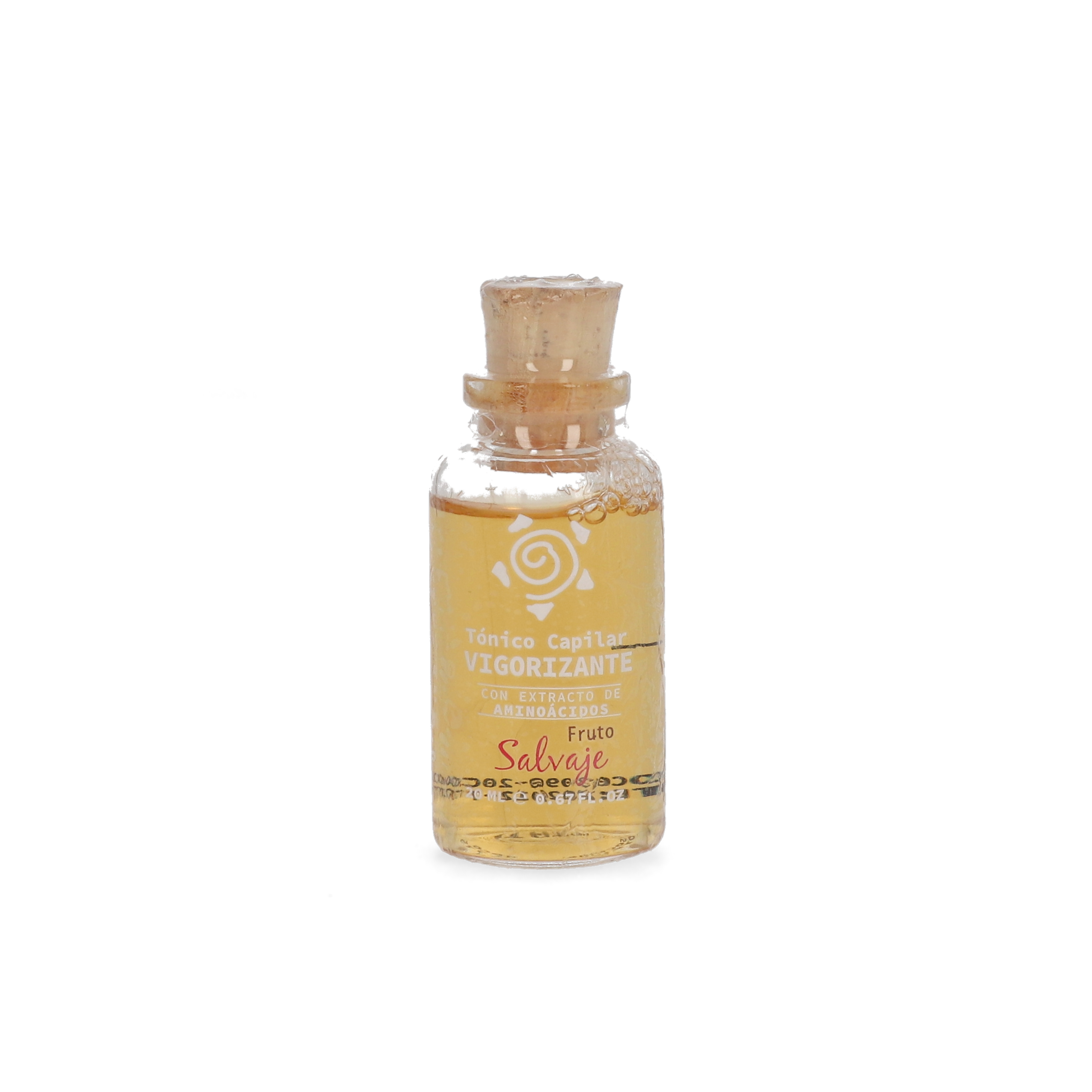 Frasco de vidrio con tónico capilar vigorizante dorado, con corcho y etiqueta blanca con logo y texto "Fruto Salvaje".