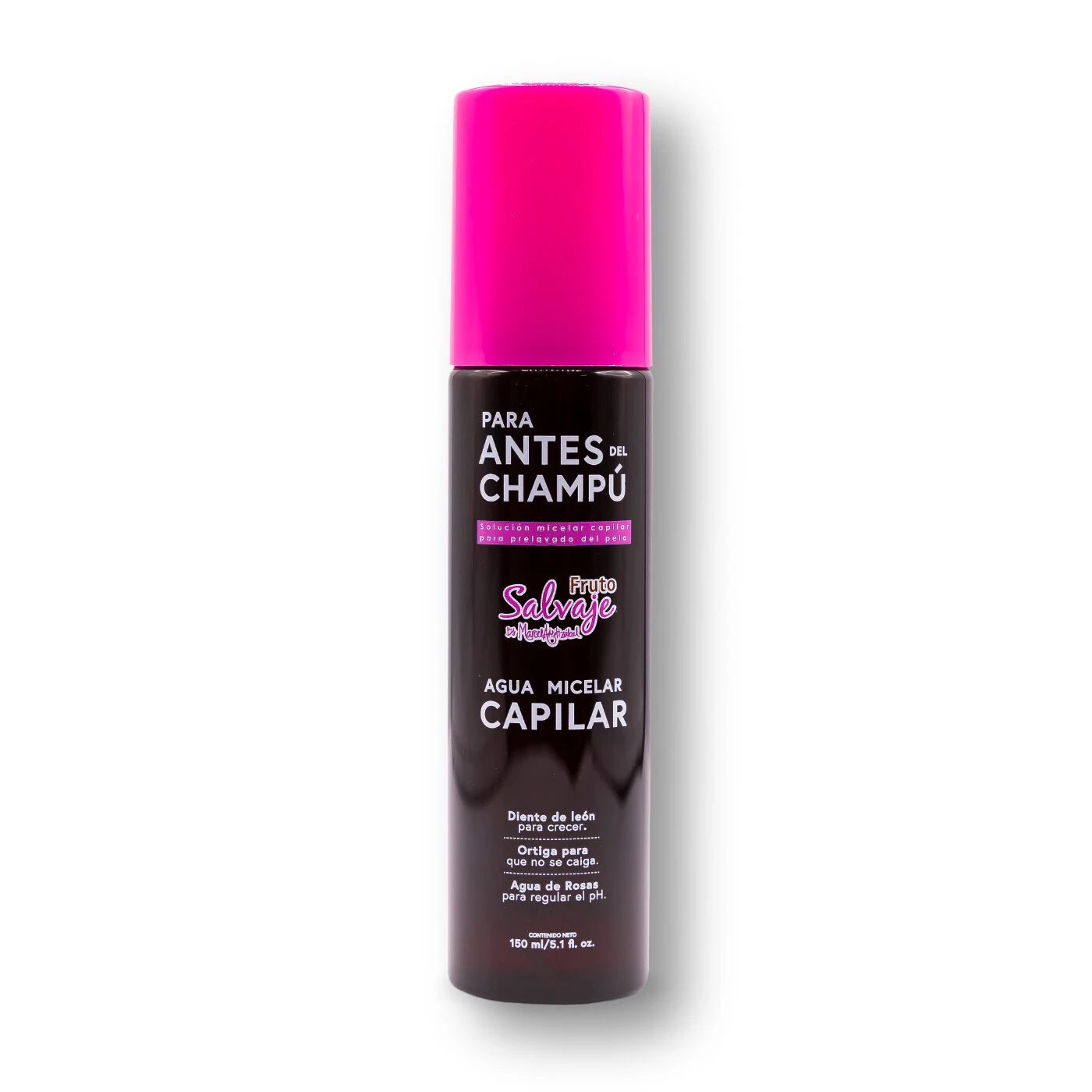 Agua micelar capilar Fruto Salvaje, bote spray rosa y negro, para antes del champú, 150ml.