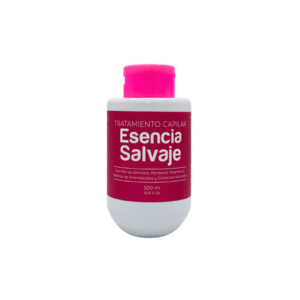 Botella blanca con tapa fucsia de Tratamiento Capilar Esencia Salvaje 500 ml con extractos naturales.