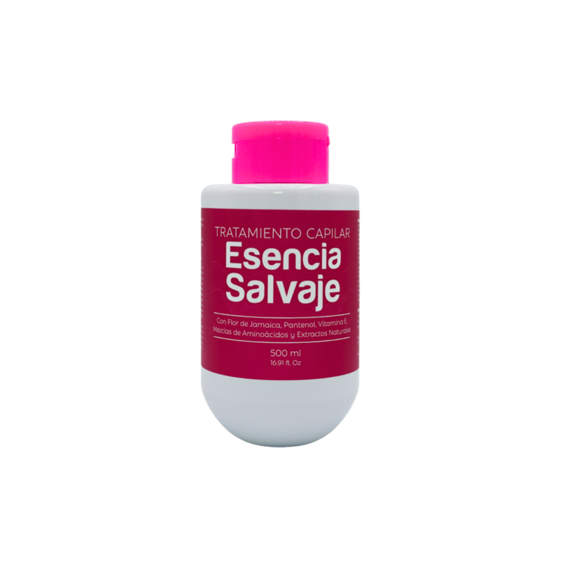 Botella blanca con tapa fucsia de Tratamiento Capilar Esencia Salvaje 500 ml con extractos naturales.