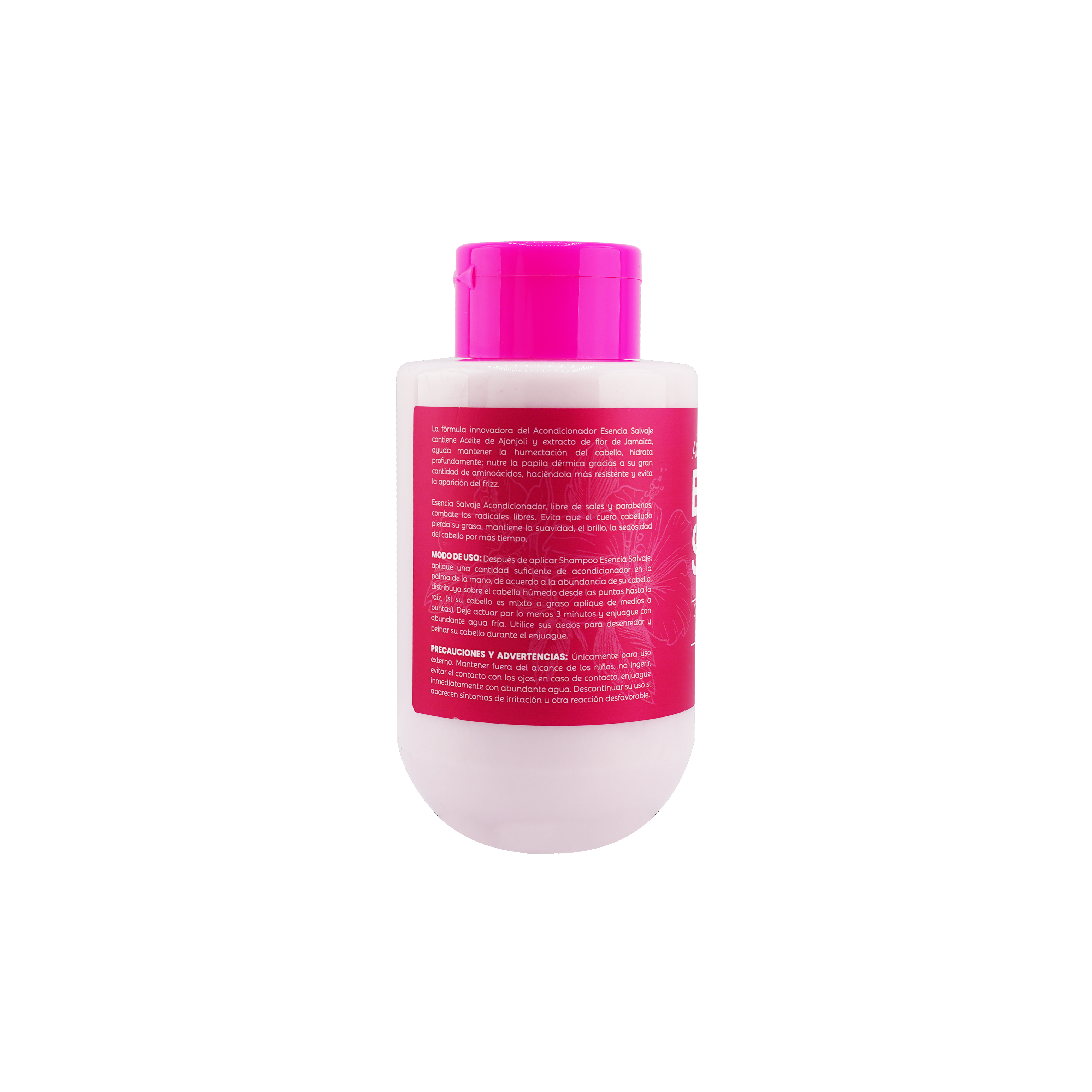 Acondicionador Esencia Salvaje con flor de Jamaica, en envase blanco con tapa rosa vibrante, texto explicativo.