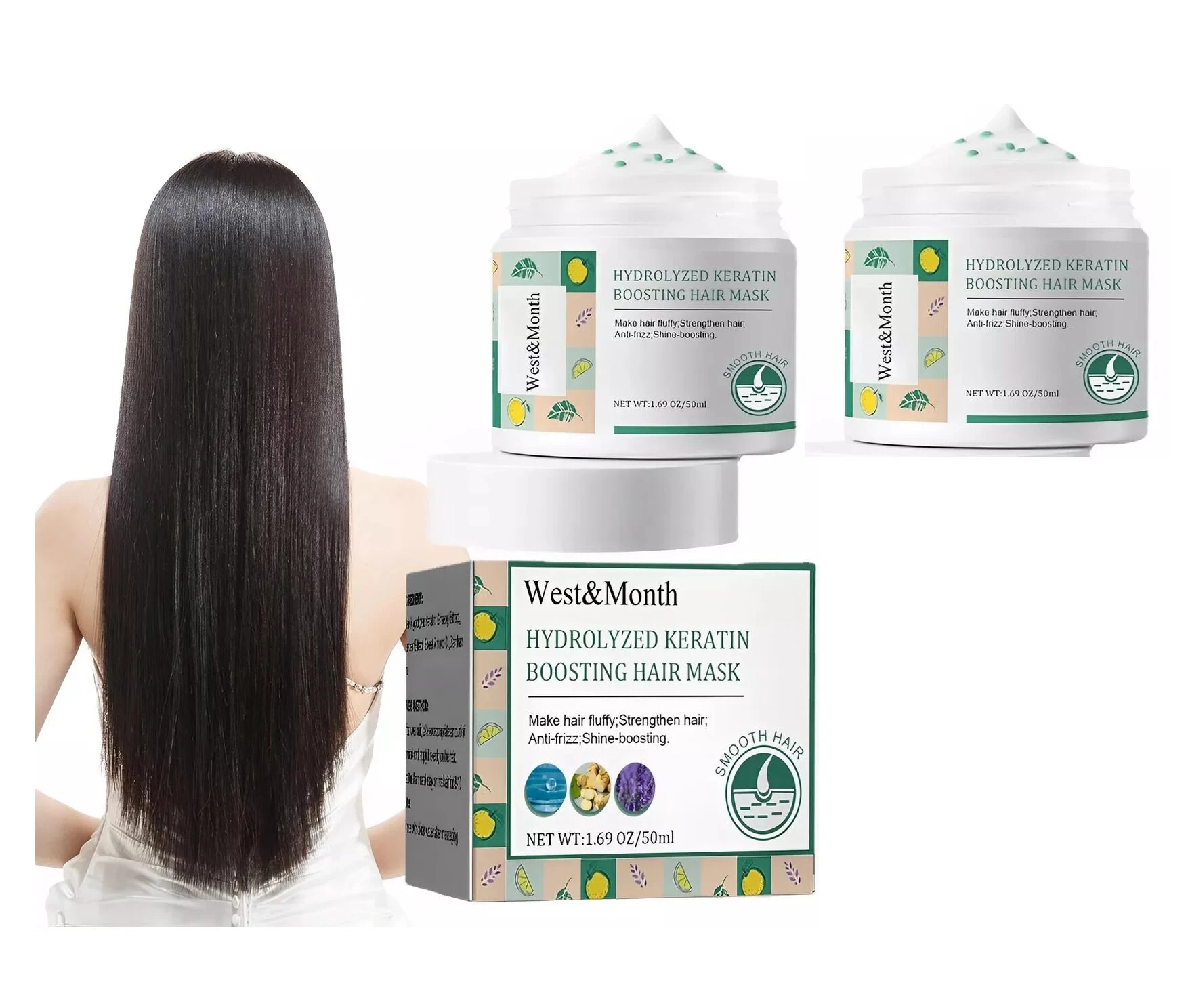 Dos frascos de 50ml de mascarilla de keratina hidrolizada West & Month, acompañados de su caja de empaque y una mujer de cabello largo y liso.