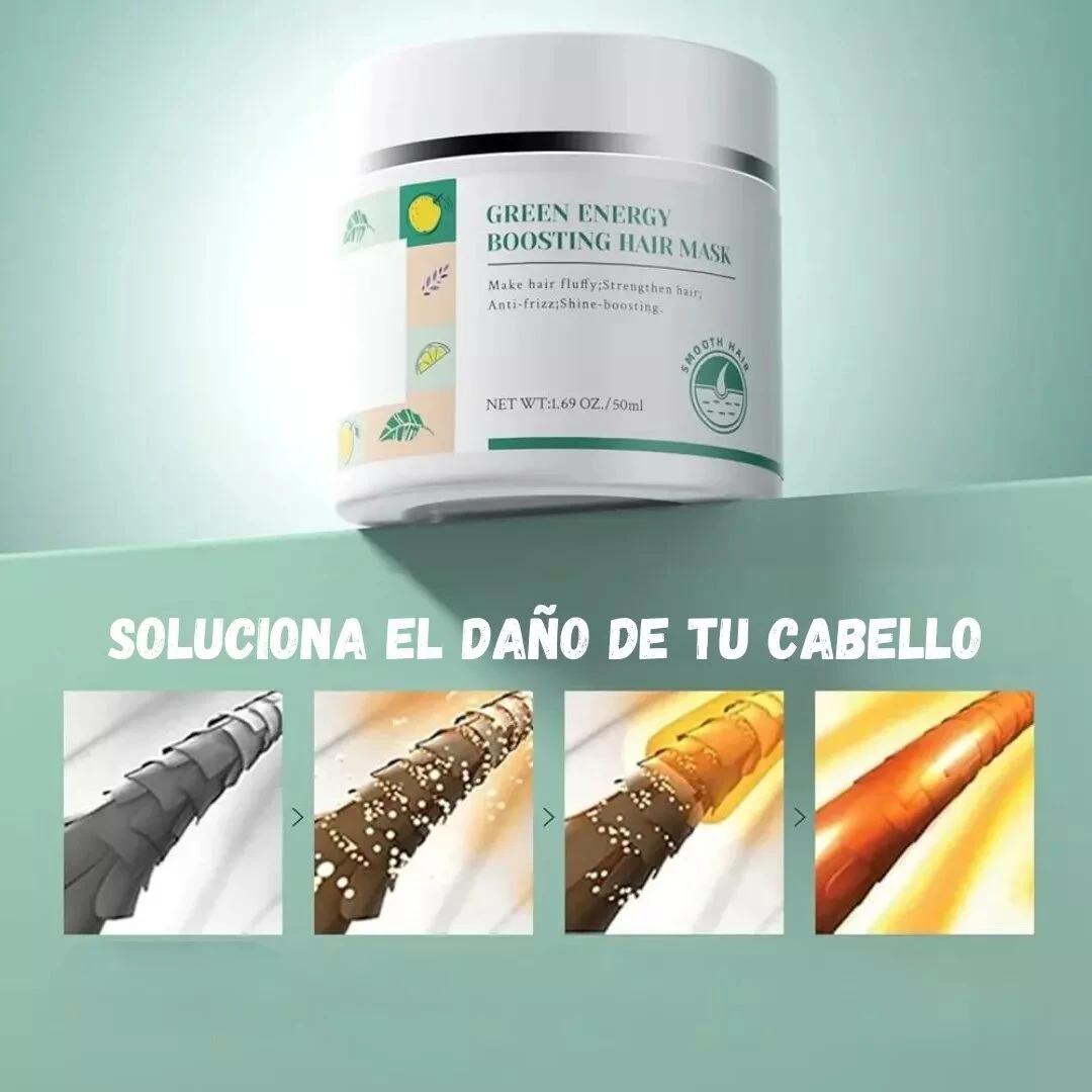 Mascarilla capilar Green Energy de 50 ml en tarro blanco, junto a un esquema que ilustra el proceso de reparación y alisado de la fibra capilar.