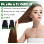 Mujer joven sosteniendo su cabello largo y brillante junto a una comparación de antes y después, destacando beneficios de hidratación y control de frizz.