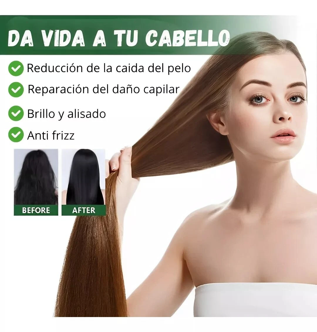 Mujer joven sosteniendo su cabello largo y brillante junto a una comparación de antes y después, destacando beneficios de hidratación y control de frizz.