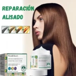 Mascarilla capilar con queratina hidrolizada West&Month, incluye tarro de 50ml, caja del producto y muestra de proceso de reparación en cuatro pasos.
