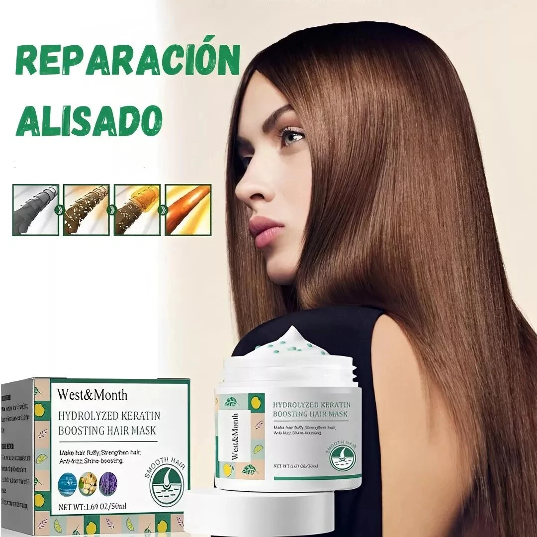 Mascarilla capilar con queratina hidrolizada West&Month, incluye tarro de 50ml, caja del producto y muestra de proceso de reparación en cuatro pasos.