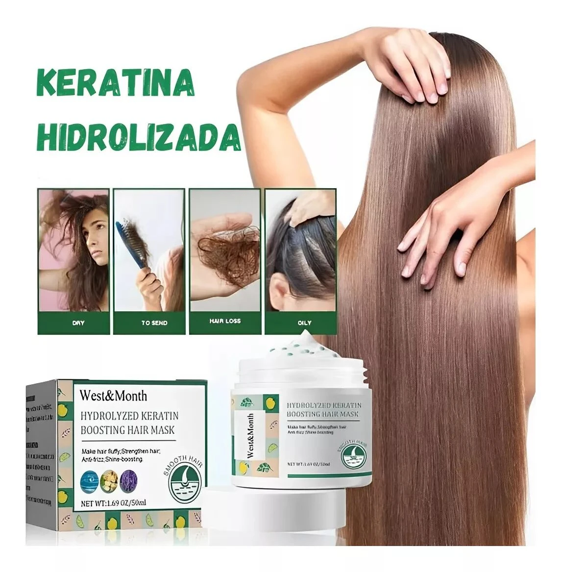 Mascarilla capilar con keratina hidrolizada West&Month, presentación en tarro de 50ml, incluye caja y muestra resultados para cabello suave y sin frizz.