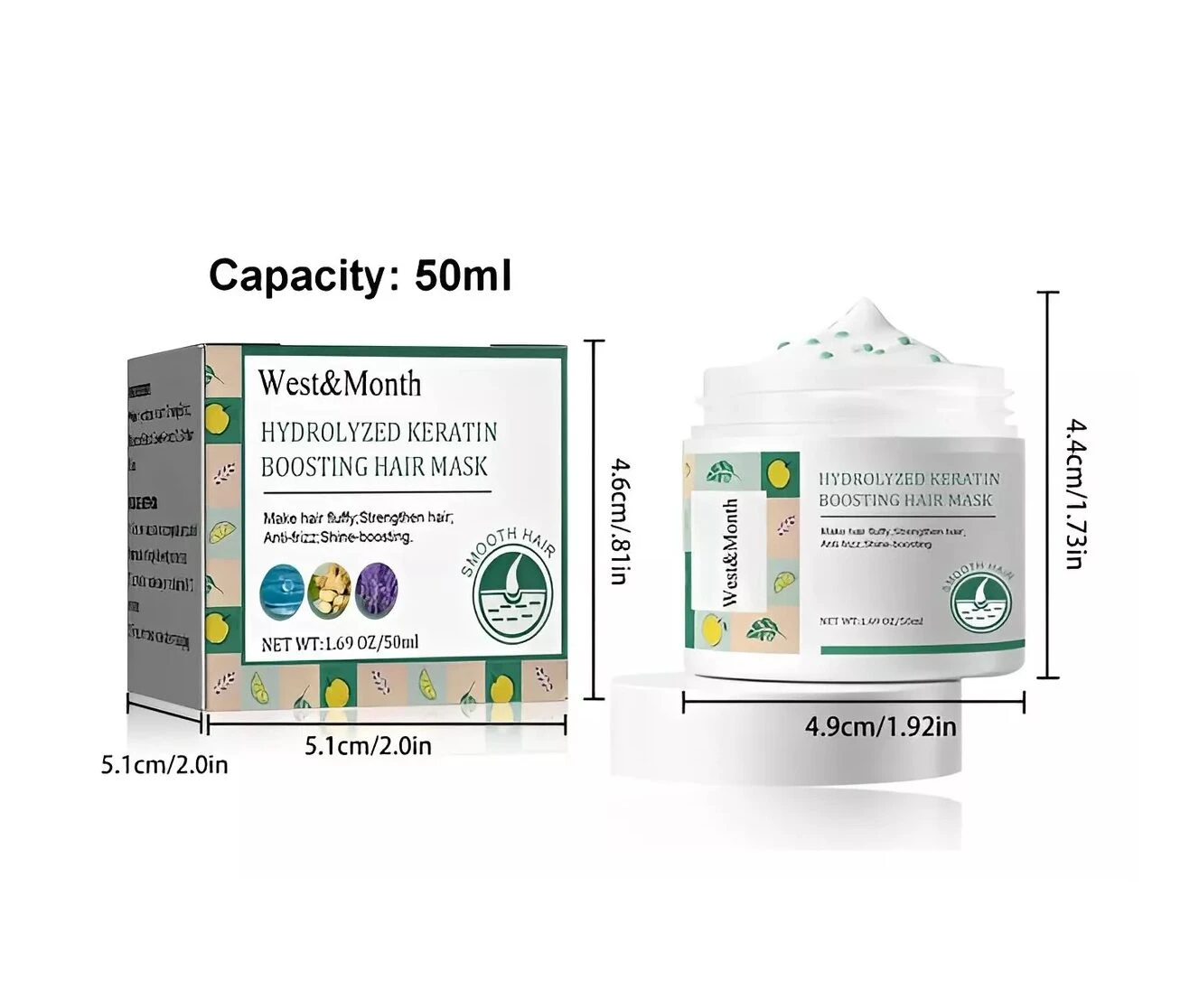 Set de dos mascarillas capilares de keratina hidrolizada West & Month de 50ml, con caja cuadrada y tarro blanco, mostrando sus dimensiones y diseño.