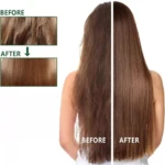 Comparativa de cabello antes y después de aplicar mascarilla de keratina hidrolizada, mostrando una melena castaña más lisa, brillante y sin frizz.