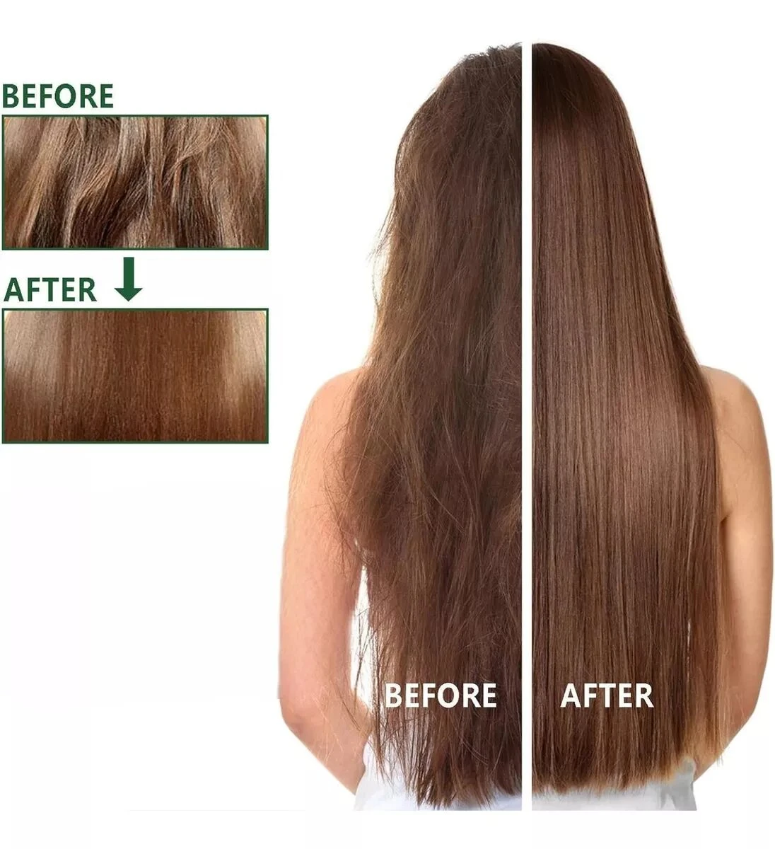Comparativa de cabello antes y después de aplicar mascarilla de keratina hidrolizada, mostrando una melena castaña más lisa, brillante y sin frizz.