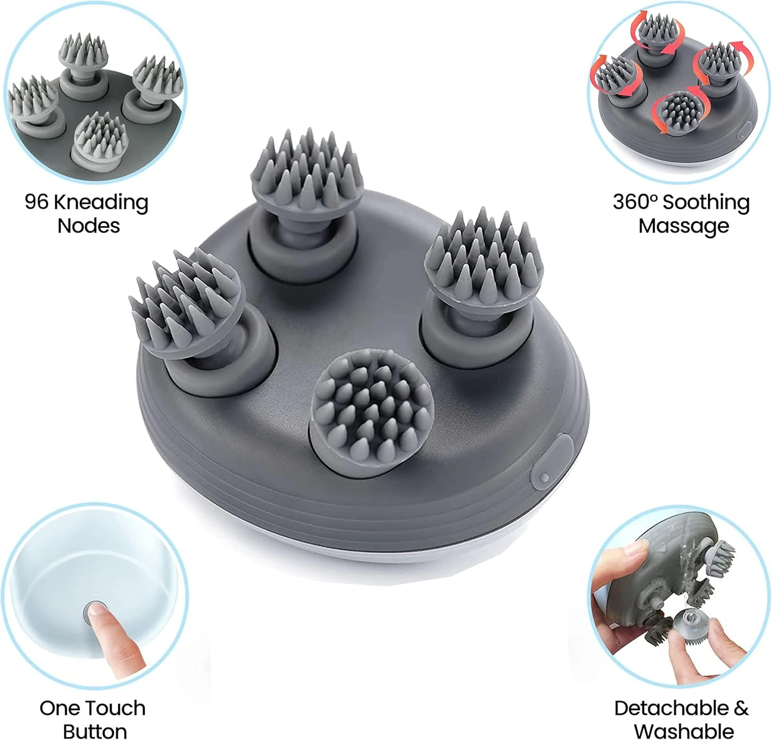 Masajeador gris recargable con 96 nodos para cuero cabelludo y cuerpo, 360° de masaje, desmontable y lavable.